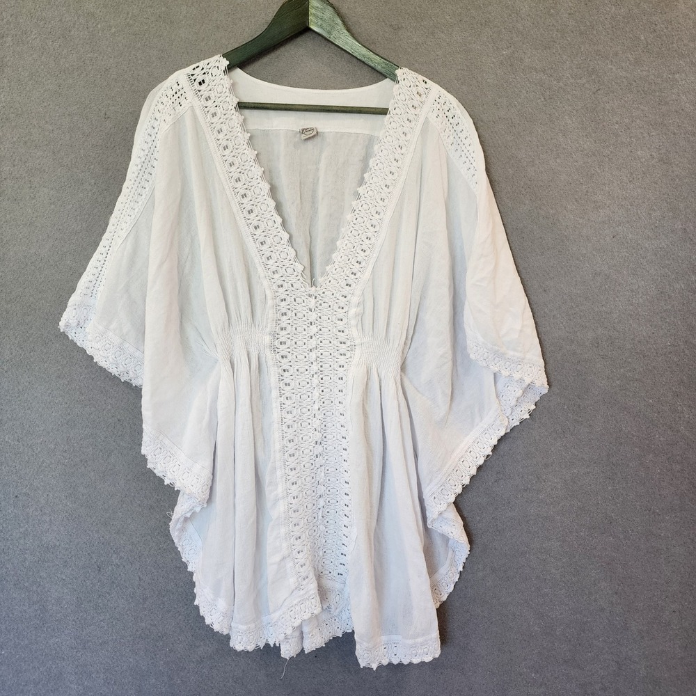 Blanco By Nature Womens White Cotton Gauze Crochet Lace Boho Tunic Top Large